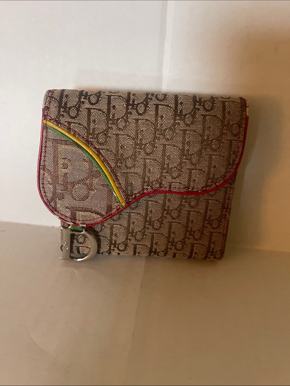 Dior Brown Oblique Canvas Saddle Card Holder with Red & Yellow Trim